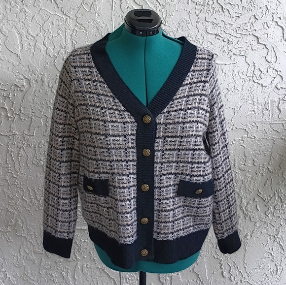 Bloomingdale's Sweaters - C by Bloomingdale's Cashmere Tweed Contrast Black Trim  Cardigan Large